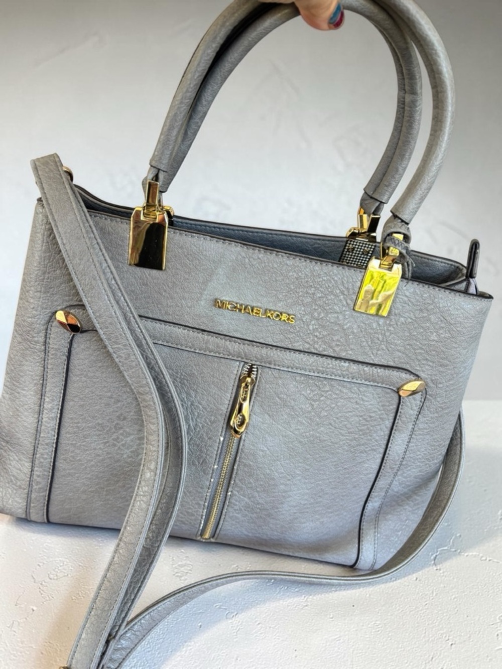 Michael Kors Light Gray Pebbled Leather Satchel with Gold Hardware - Picture 3 of 16